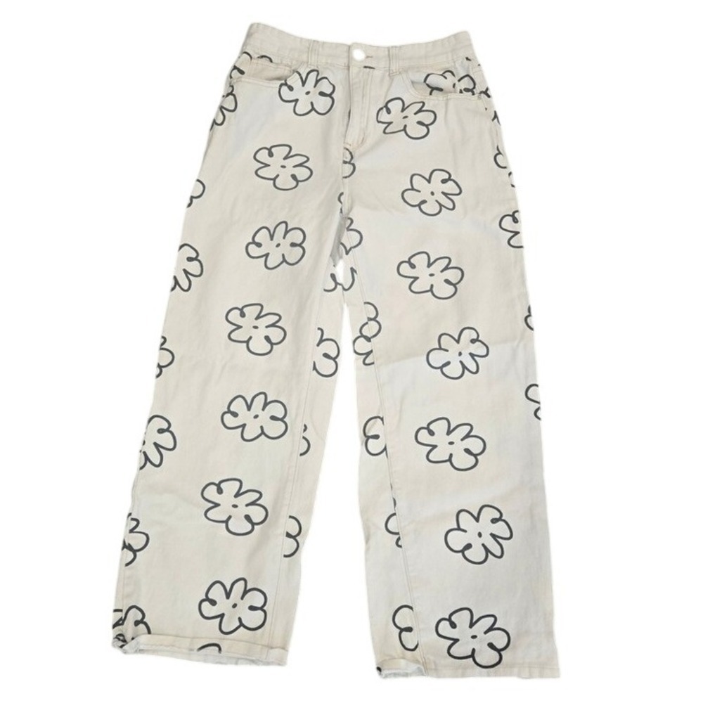 SHEIN Floral Print Wide Leg Jeans Cream Black Doodle Flower Pants Womens Size L‎
